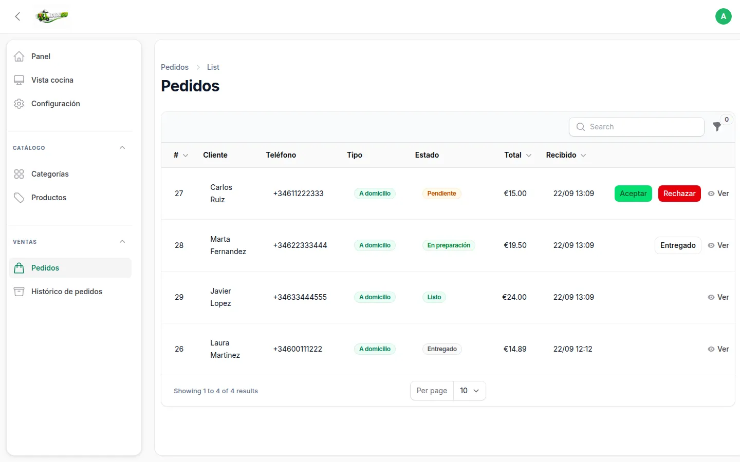 Panel de pedidos de LocalGo para el restaurante