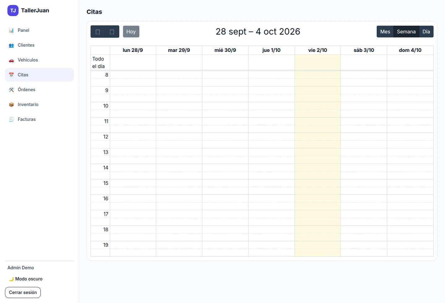 Calendario semanal de citas del taller